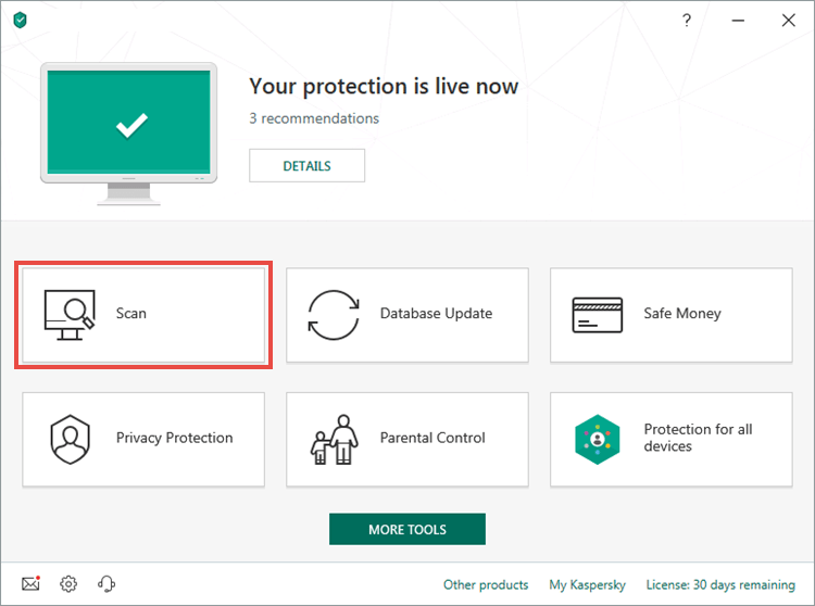 Opening the Scan section in Kaspersky Internet Security 19