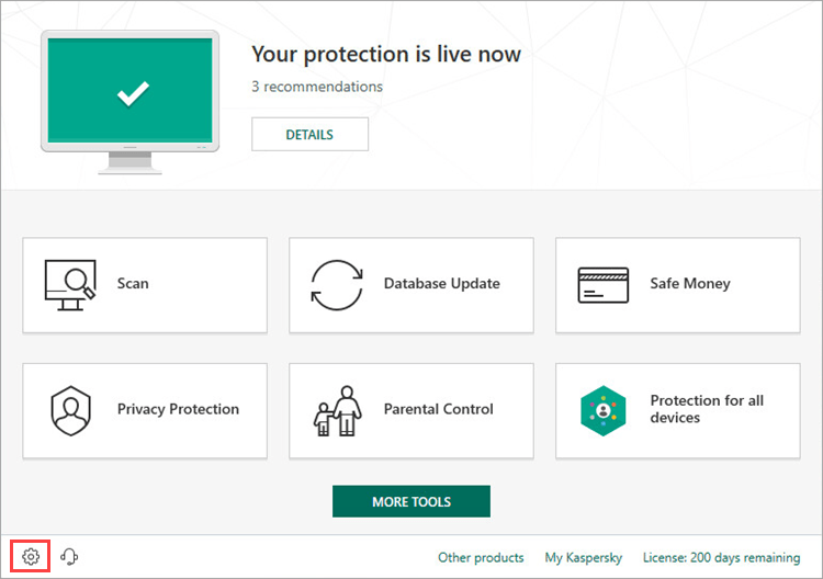 Opening the Settings window of Kaspersky Internet Security 19