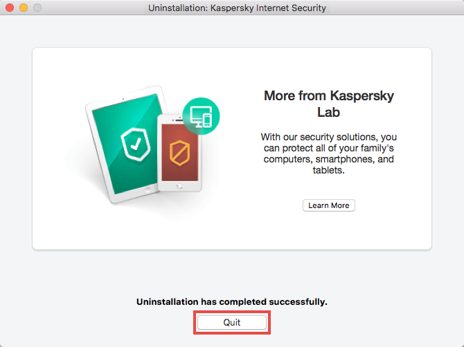 Completing uninstallation of Kaspersky Internet Security 19 for Mac