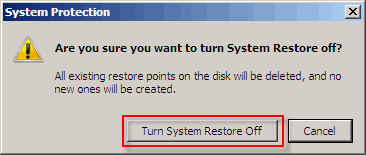 Confirming the disabling of system protection in Windows Vista