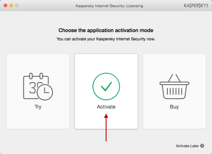 To use the full version of Kaspersky Internet Security 16 for Mac, click Activate