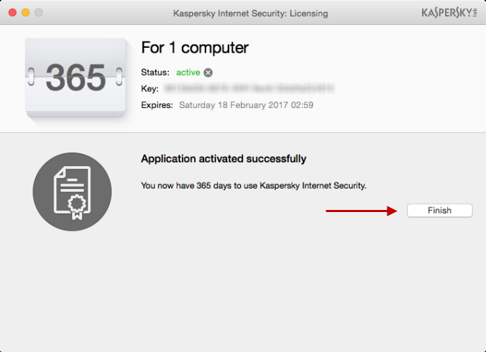 Kaspersky Internet Security 16 for Mac has been activated. Update the databases and run the Scan task. 
