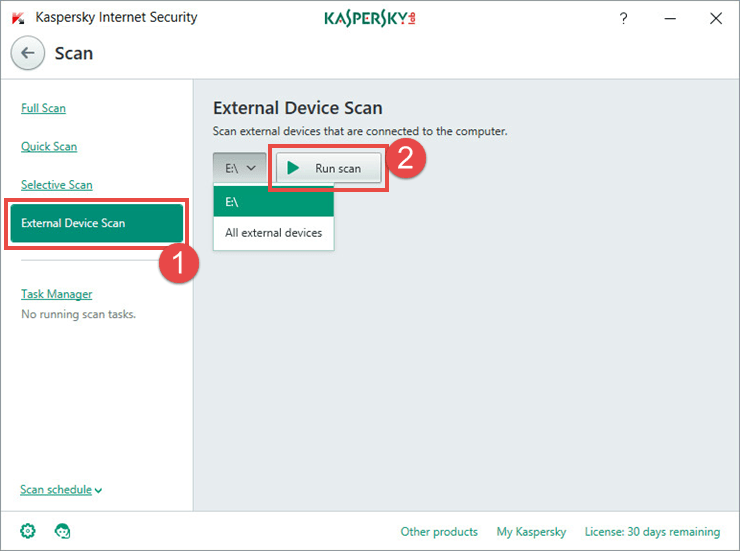 Image: launching an external device scan in Kaspersky Internet Security 2018.
