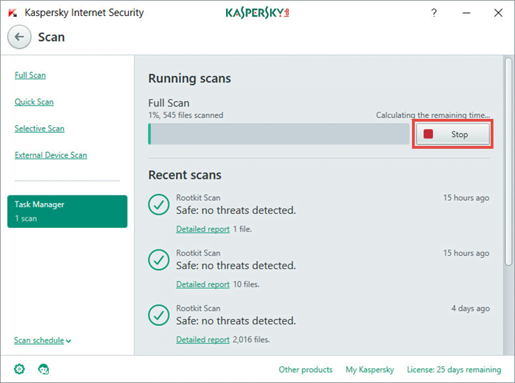 Image: stopping the scan task in Kaspersky Internet Security 2018