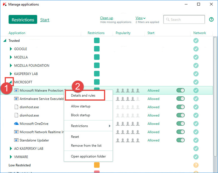Image: setting up restrictions for an application in Kaspersky Internet Security 2018