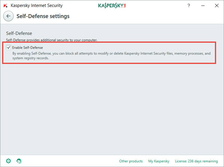 Image: the Self-Defence settings window in Kaspersky Internet Security 2018