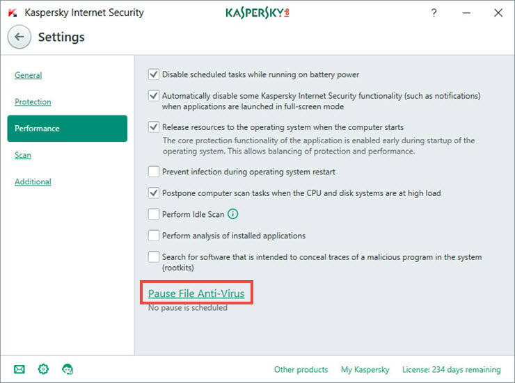 Image:  the Settings window of Kaspersky Internet Security 2017