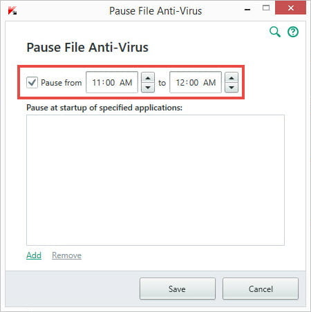 Image: Pause File Anti-Virus window of Kaspersky Total Security 2018