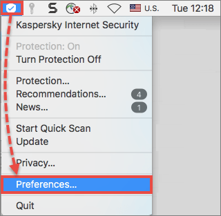 Opening the Preferences window in Kaspersky Internet Security 20 for Mac.
