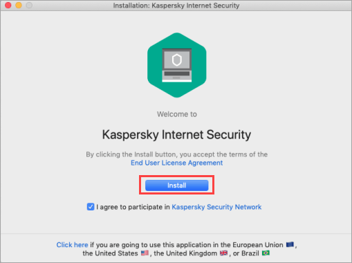 Accepting Kaspersky Security Network and End User License Agreement before installing Kaspersky Internet Security for Mac