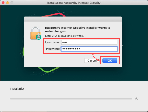 Entering the credentials for your user account to install Kaspersky Internet Security for Mac