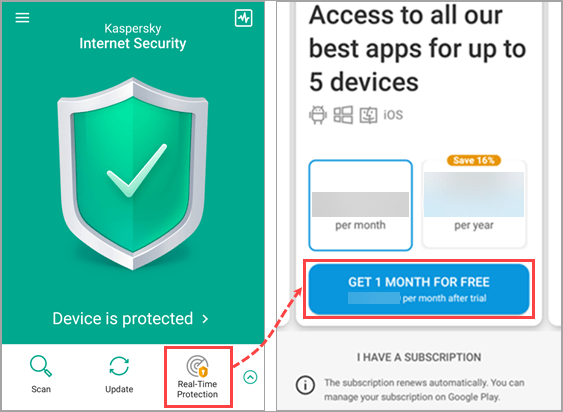Activating the trial version of Kaspersky Internet Security for Android