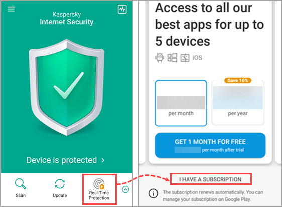 Activating the premium version of Kaspersky Internet Security for Android