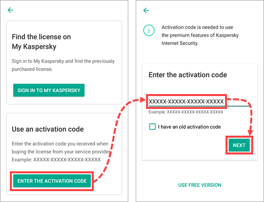 Entering the activation code for Kaspersky Internet Security for Android