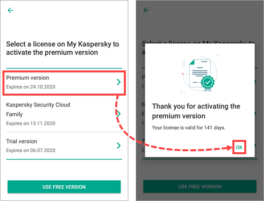 Selecting a license for activating the premium version of Kaspersky Internet Security for Android
