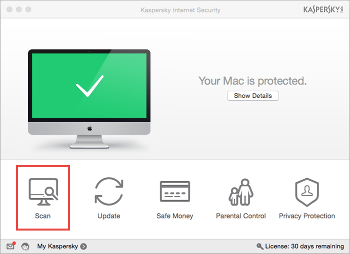 Image: how to run a scan task in Kaspersky Internet Security 16 for Mac