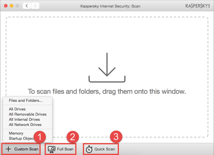 Image: selecting the type of scan in Kaspersky Internet Security 16 for Mac 