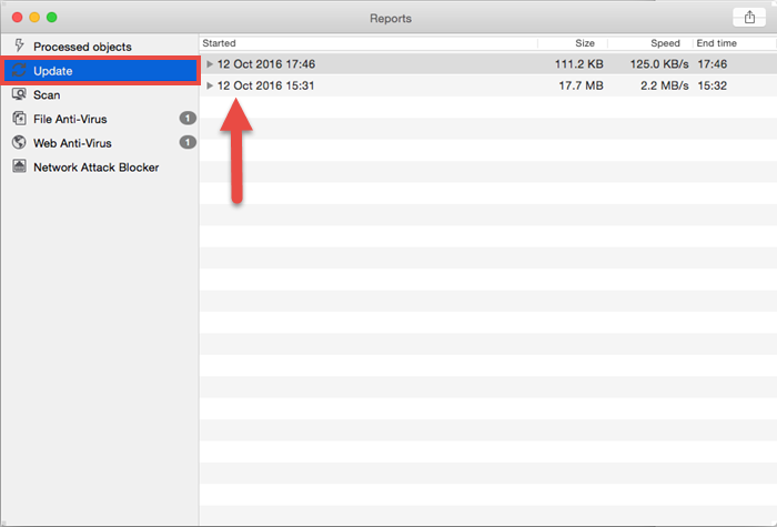 Image: update reports in Kaspersky Internet Security 16 for Mac