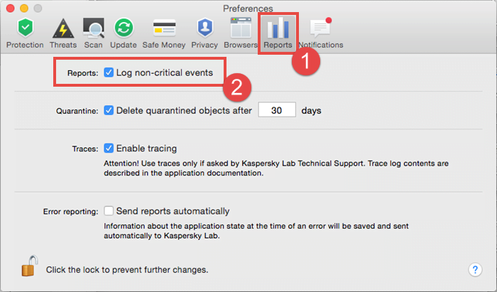Image: enable logging of non-critical events in Kaspersky Internet Security 16 for Mac 