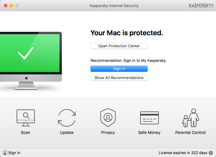 Image: the main window of Kaspersky Internet Security 18 for Mac