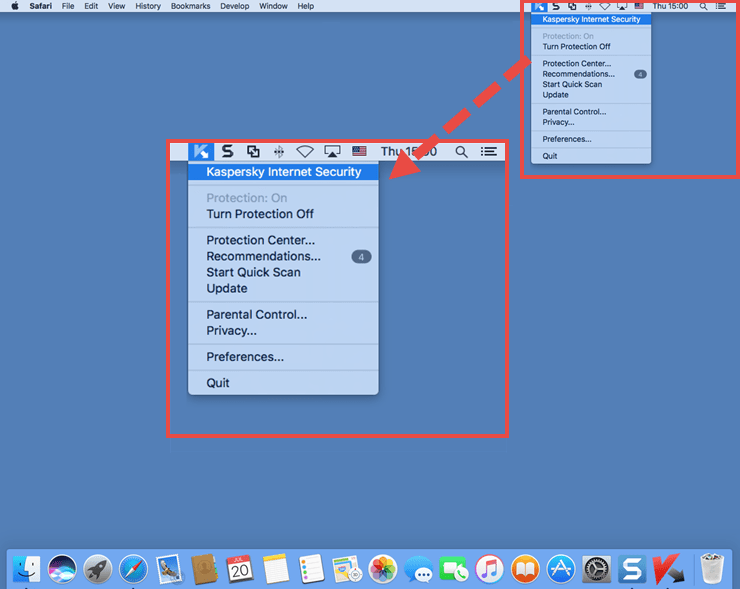 Image: the shortcut menu of Kaspersky Internet Security 18 for Mac