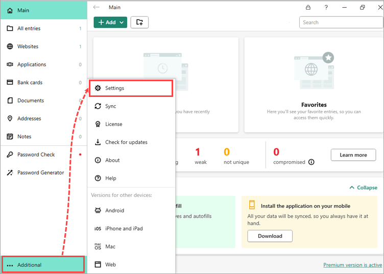 The settings button in the left side menu of Kaspersky Password Manager