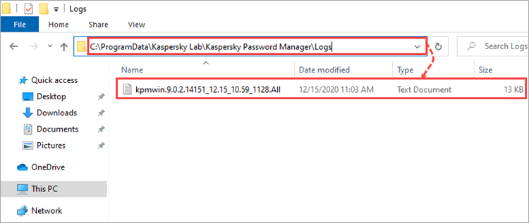 Location of Kaspersky Password Manager trace files on the PC
