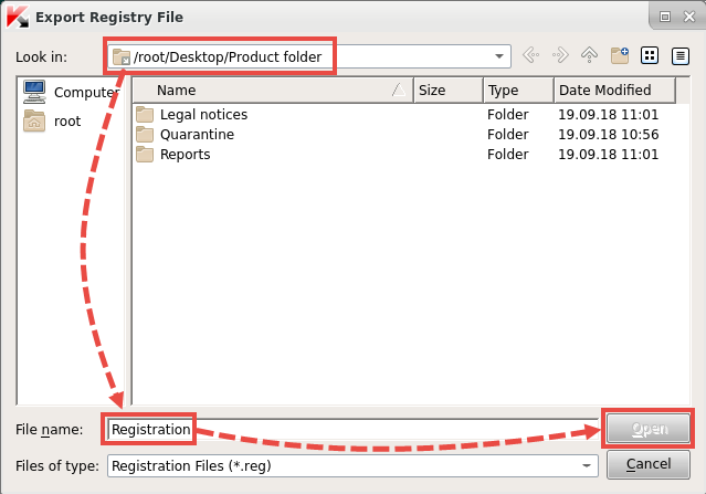 Saving a registry file of Kaspersky Rescue Disk 18