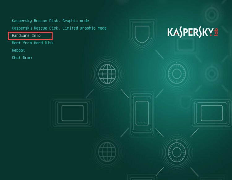 Selecting Hardware Info in Kaspersky Rescue Disk 2018