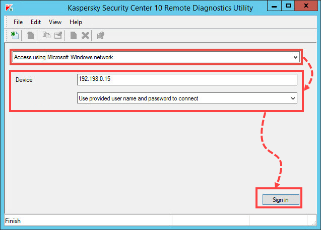 Connecting the managed computer using Microsoft Windows network in the klactgui tool 