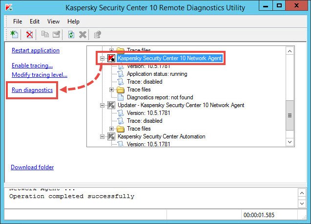 Running Network Agent diagnostics using the klactgui tool 