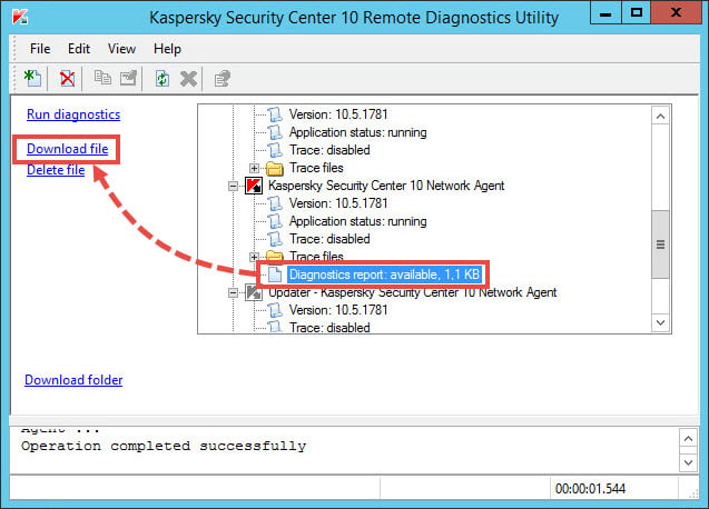Downloading Network Agent diagnostics report in the klactgui tool 