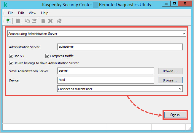 Kaspersky Security Center Remote Diagnostics Utility window with connection settings. 