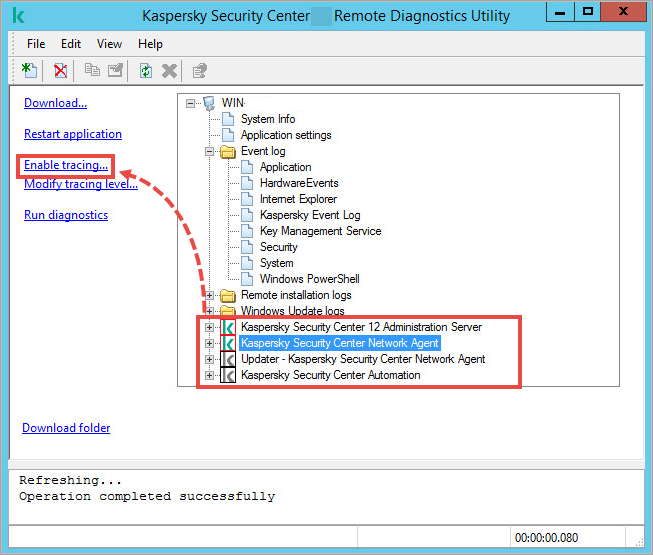 Klactgui utility window with the Enable tracing link highlighted. 