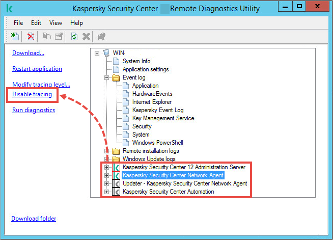 Klactgui utility window with the Disable tracing link highlighted.