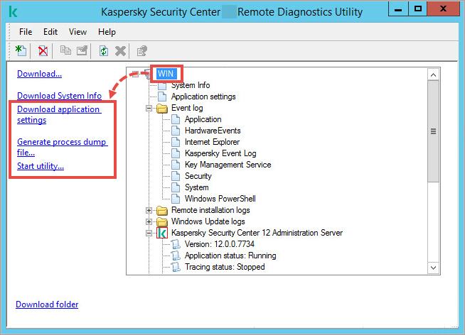 The klactgui utility window with the remote device item selected and additional options highlighted on the left. 