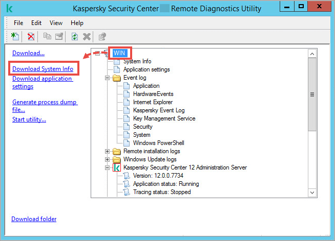 The The klactgui utility window with the remote device item selected and Download System Info highlighted on the left.