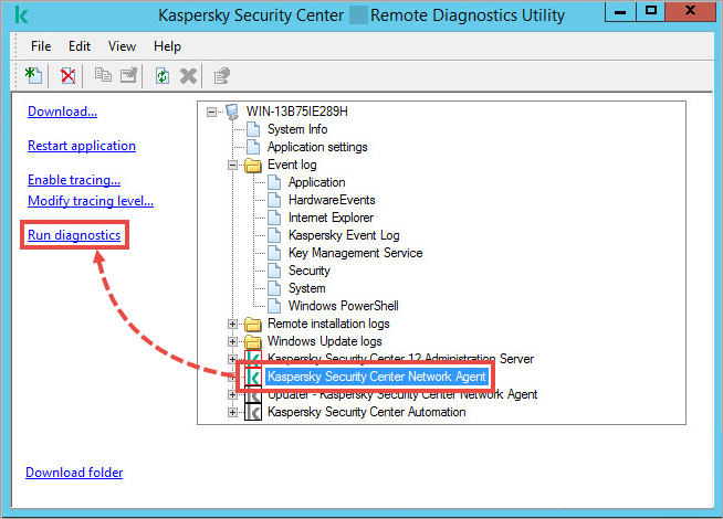 The klactgui tool window with the Run diagnostics item highlighted. 