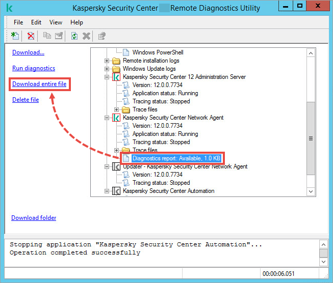 The klactgui tool window with the Diagnostics report selected and the Download entire file item highlighted. 