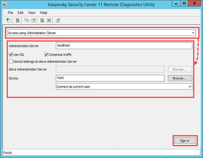 Connecting the managed computer using Administration Server in the klactgui tool 