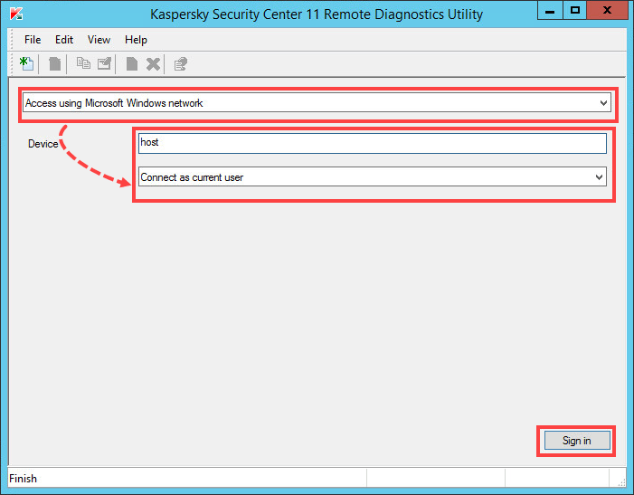 Connecting the managed computer using Microsoft Windows network in the klactgui tool