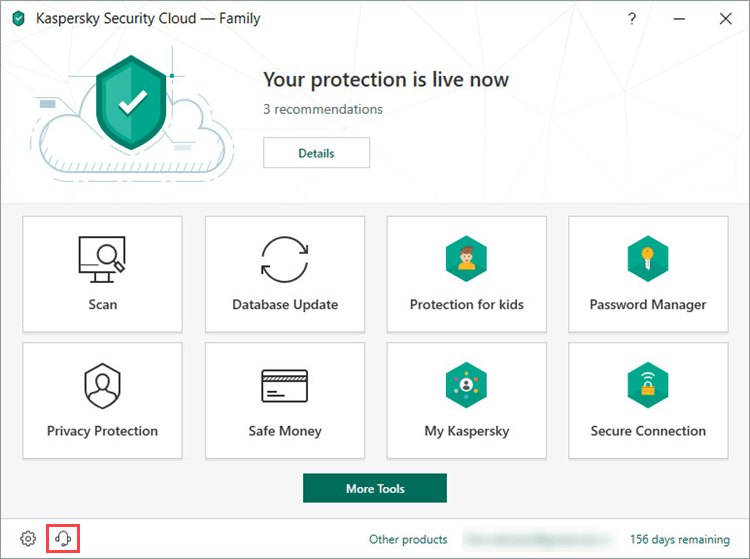 Opening the Support window of Kaspersky Security Cloud 19