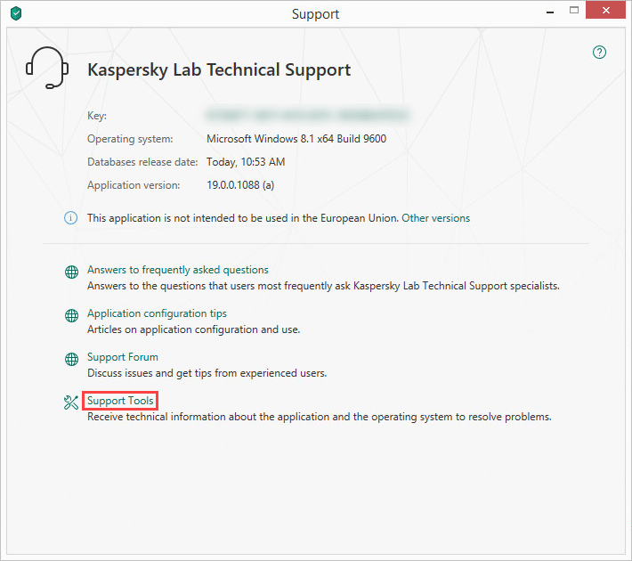 Opening the Support Tools window of Kaspersky Security Cloud 19