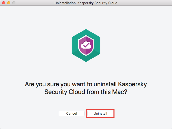 Confirming uninstallation of Kaspersky Security Cloud 19 for Mac