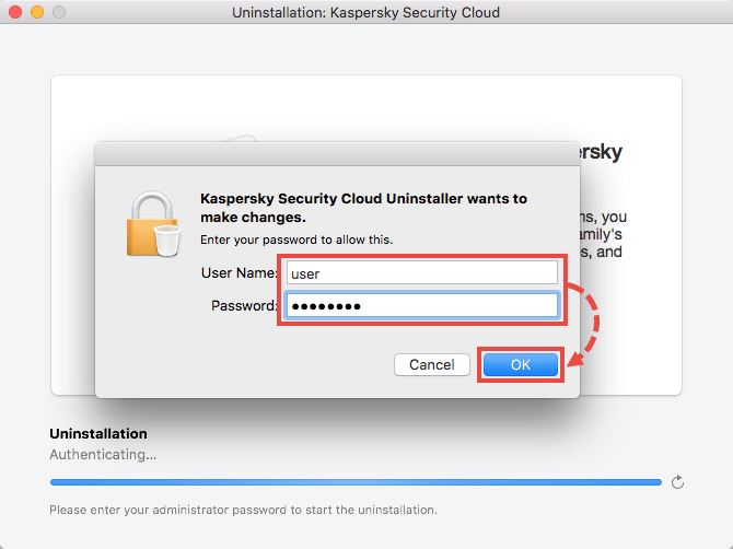 Window for entering the credentials for your Mac account