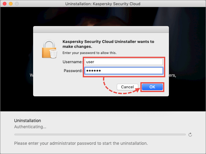 Entering administrator account credentials when uninstalling Kaspersky Security Cloud 20 for Mac