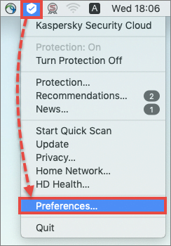 Kaspersky Secure Connection for Mac menu in the macos menu bar.