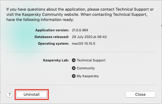 The Delete button in the Kaspersky Security Cloud for Mac application menu