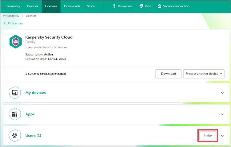 Sending an invitation to use Kaspersky Security Cloud