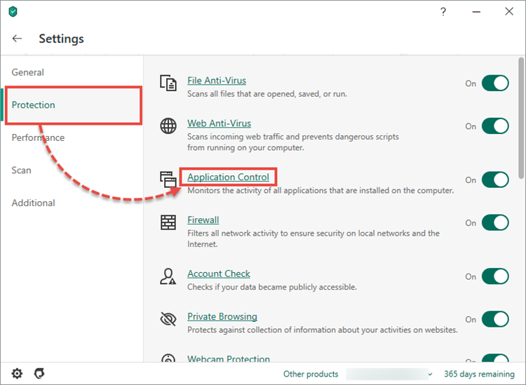 Opening the Application Control window in Kaspersky Security Cloud 20